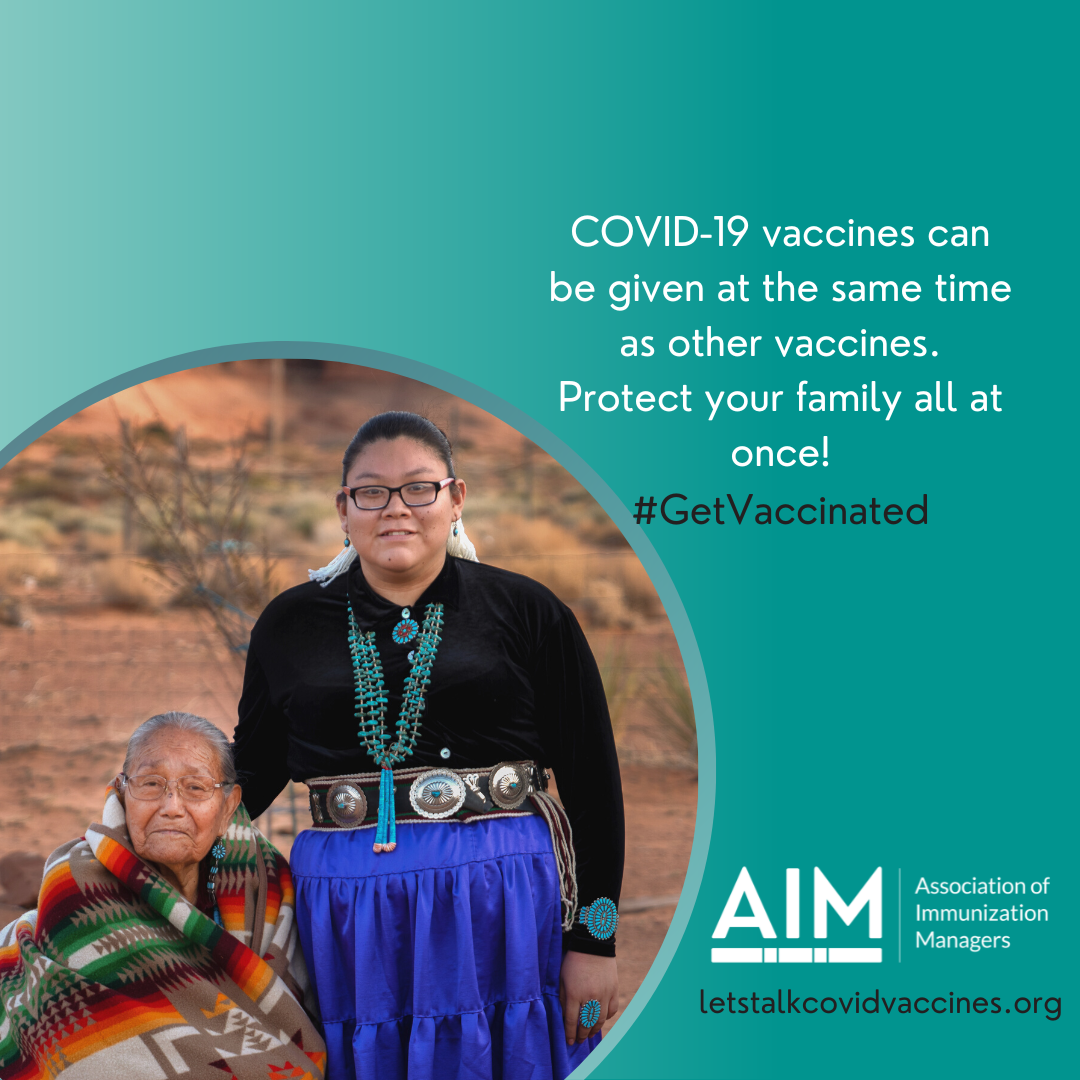 Covid 19 vaccines can be given at the same time as other vaccines. Protect your family all at once. Get vaccinated. lets talk covid vaccines dot org