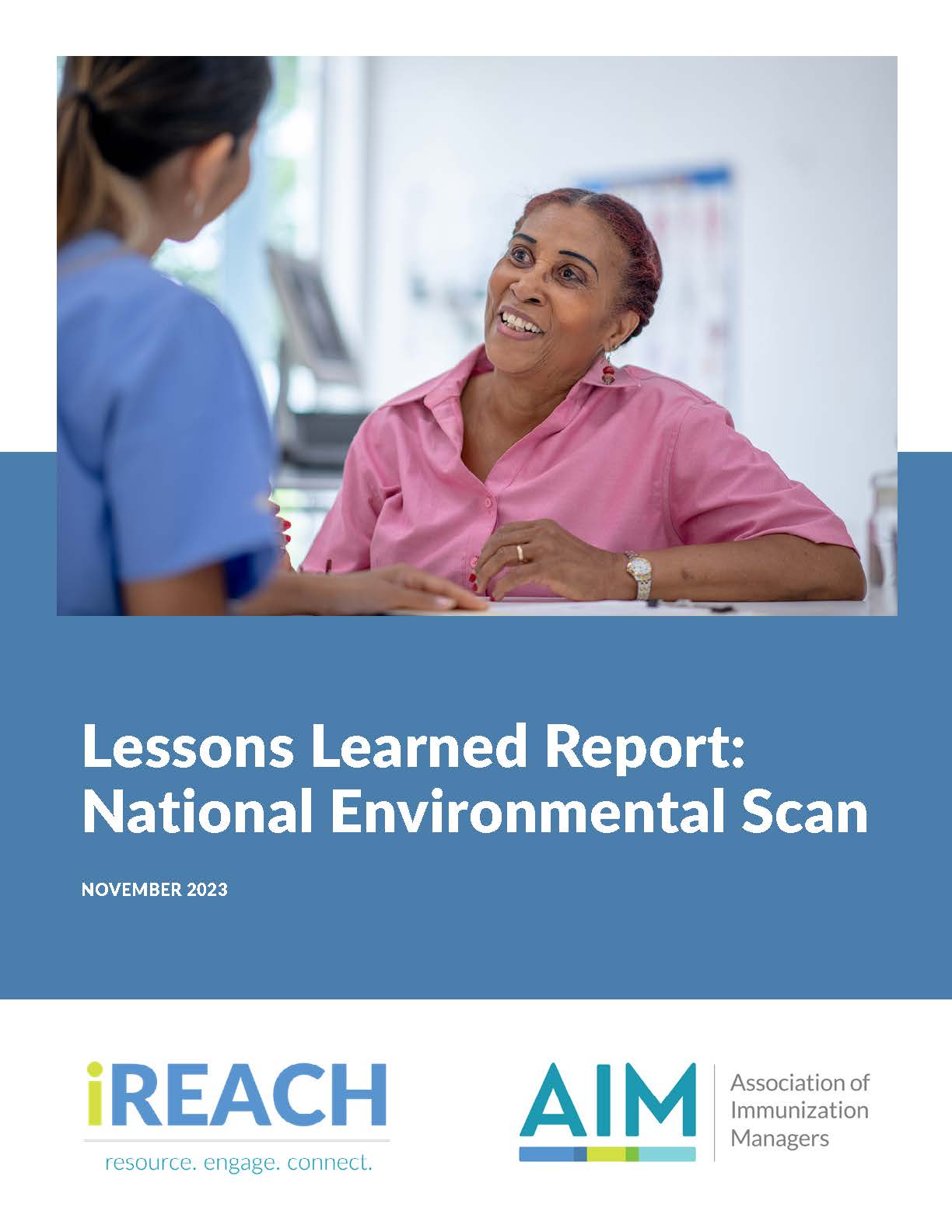 Lessons Learned Report: National Environmental Scan cover page. November 2023. iREACH and AIM.
