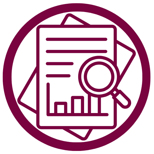 Maroon icon of a report with a magnifying glass