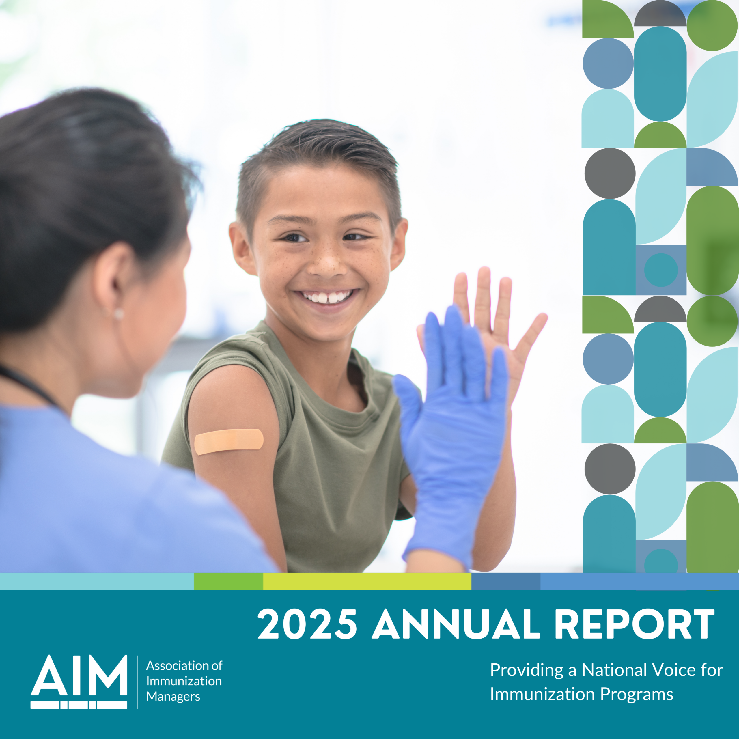 Cover image of the 2025 AIM Annual Report. A young boy with a bandaid on his arm high-fives a health care worker.