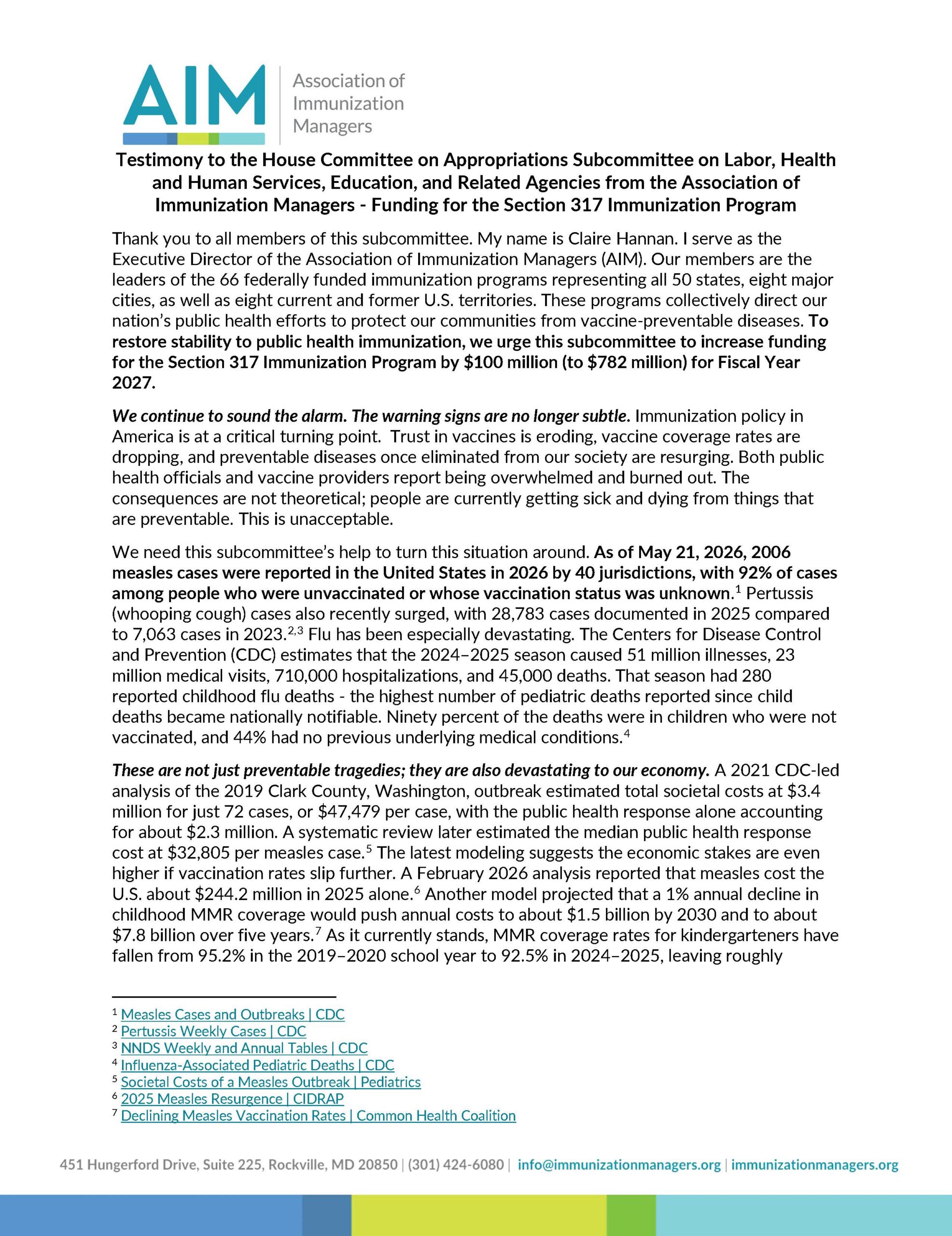 The first page of AIM testimony to the House Committee on Appropriations Subcommittee on labor, health, and human services, and related agencies on funding the 317 immunization program.