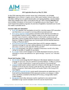 Legislative-Round-up_05222026_Page_1 The first page of the AIM Legislative Round-up for May 22, 2026, includes a brief summary, details on the enacted four bills and one resolution and the passing of the second chamber for seven bills.