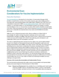This is the first page of the Executive Summary of the Environmental Scan: Considerations for Vaccine Implementation.