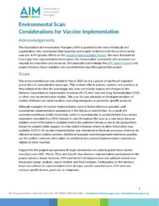 The first page of the Environmental Scan: Considerations for Vaccine Implementation. This page contains the acknowledgements and scope sections.